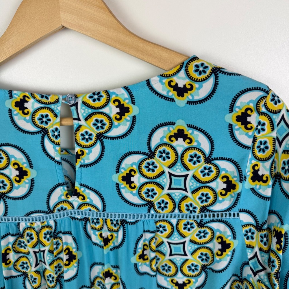 Crown & Ivy Floral Medallion Print Blouse Medium Blue Multi Peasant Boho Coastal - Picture 3 of 9